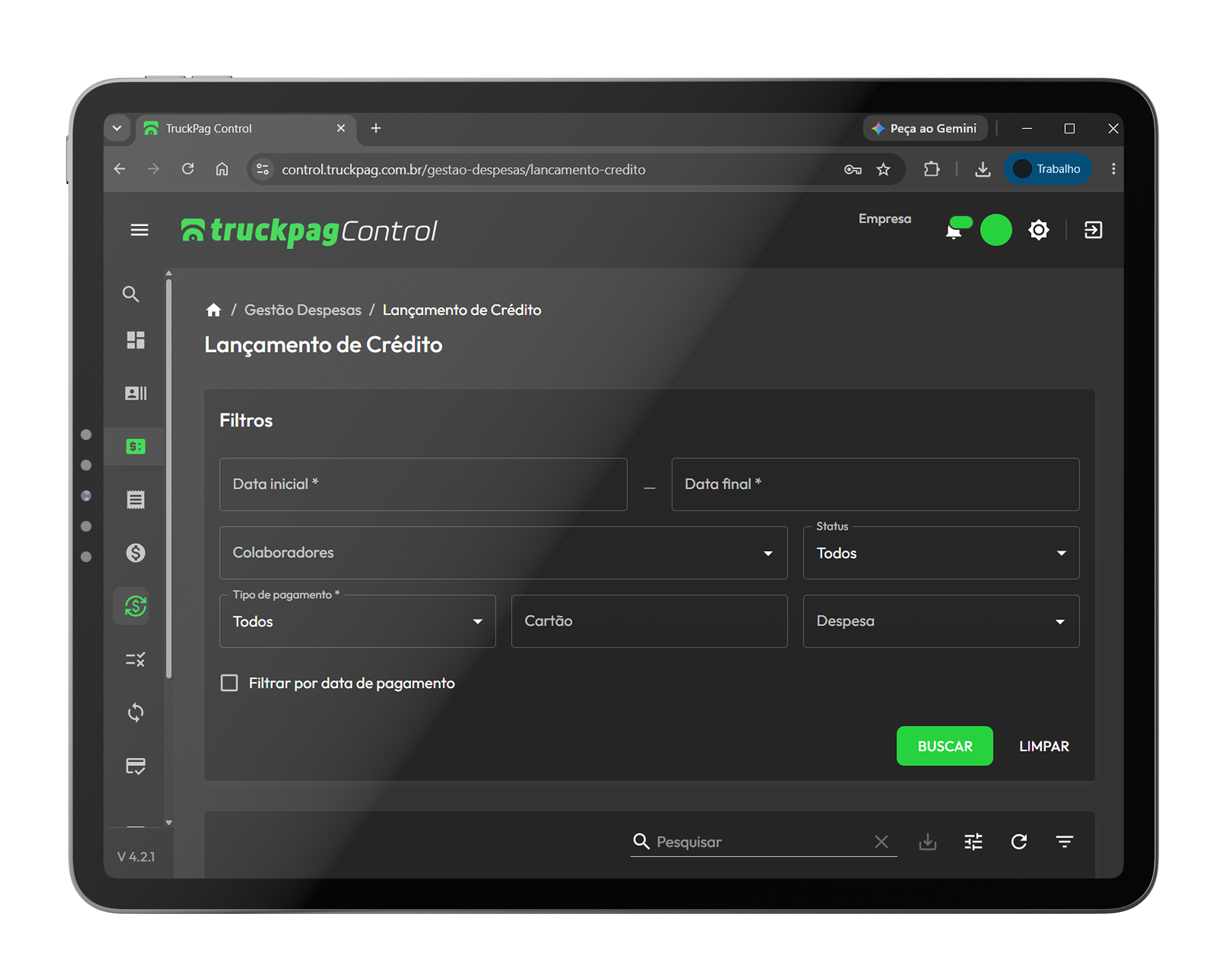 Mockup do painel TruckPag Control